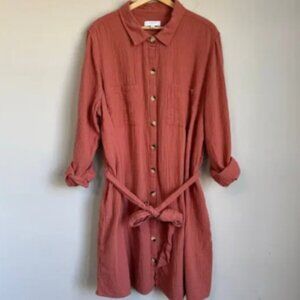 New Directions Curvy Shirt Dress Size 3X Button Up Gauzy Cotton Lagenlook Mauve